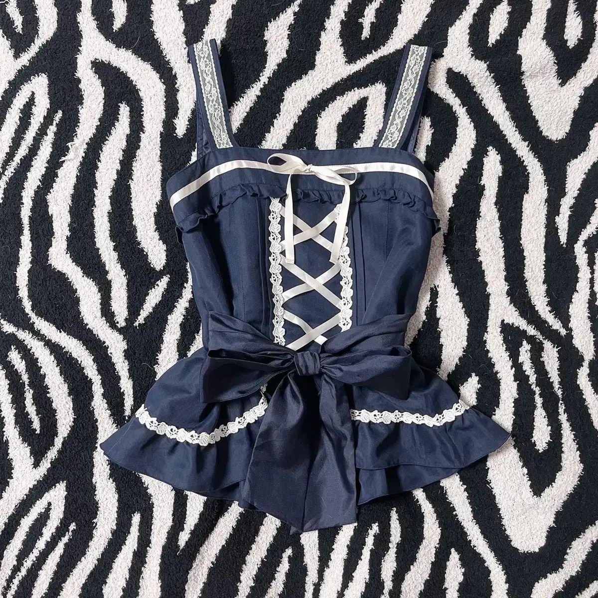 リボン コルセット ネイビー レース トップス Axes femme アクシーズファム