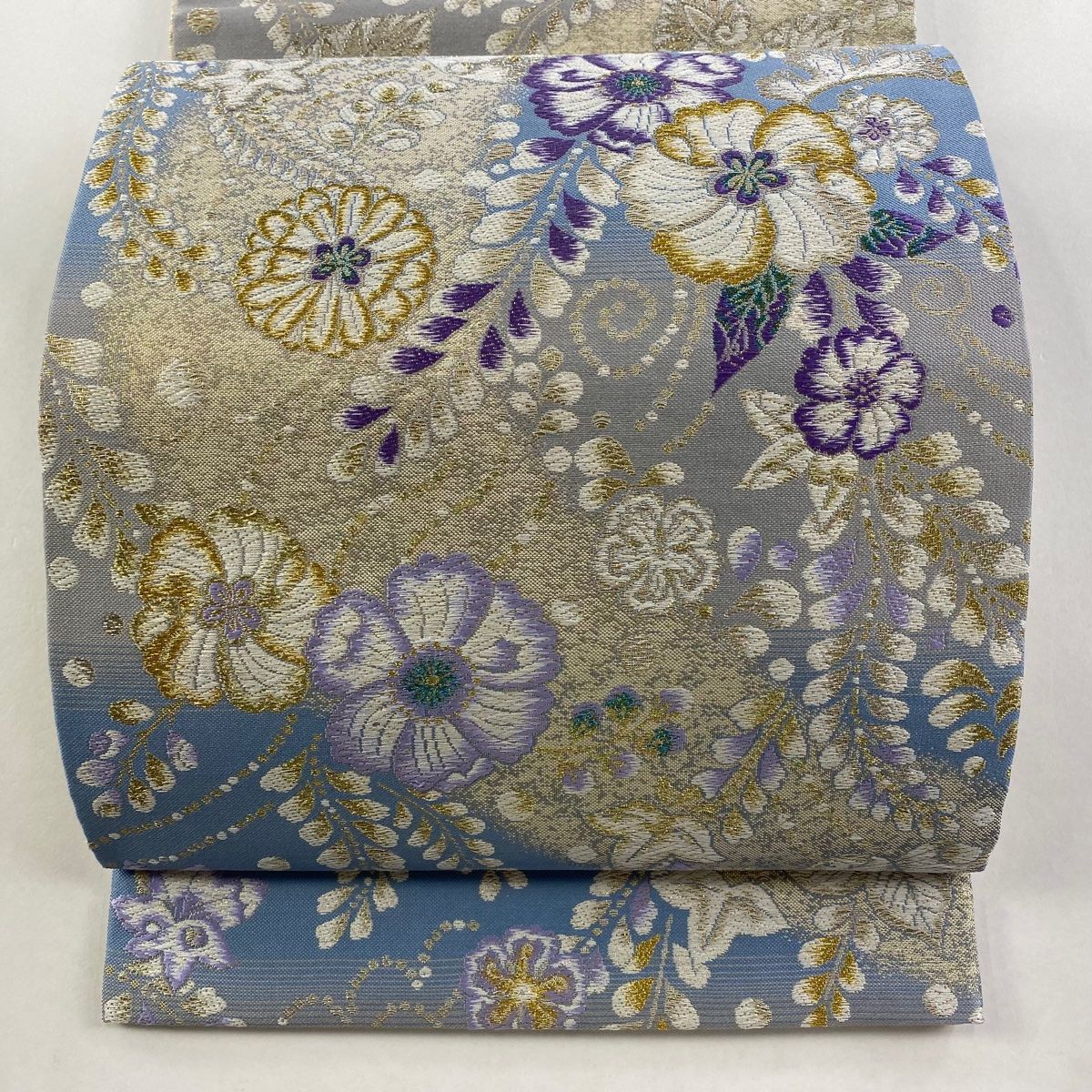 袋帯 リバーシブル 草花 辻が花 金銀糸 箔 水色 六通 正絹