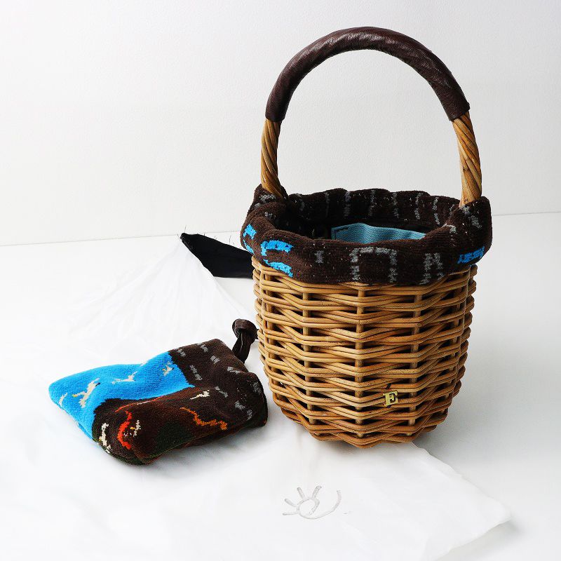 2025SS エバゴス ebagos BIRD JOURNEY ラウンドバスケット シェニール ポーチカバー CHOCO |ナチュラル かご 2400014375602