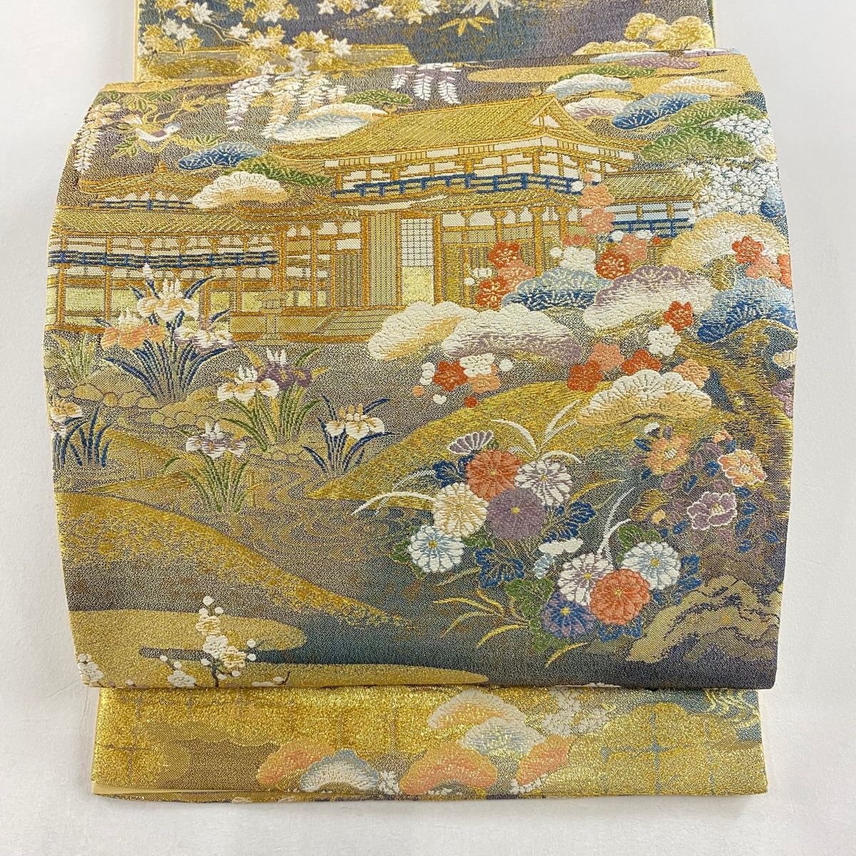 袋帯 名品 宇治上神社 草花 箔 刺繍 金色 六通 正絹