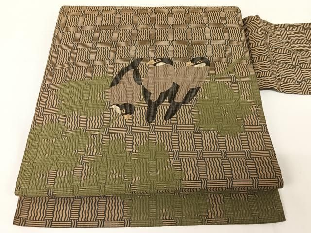 平和屋着物●アンティーク 大正ロマン 九寸名古屋帯 文鳥 正絹 AABA4966np