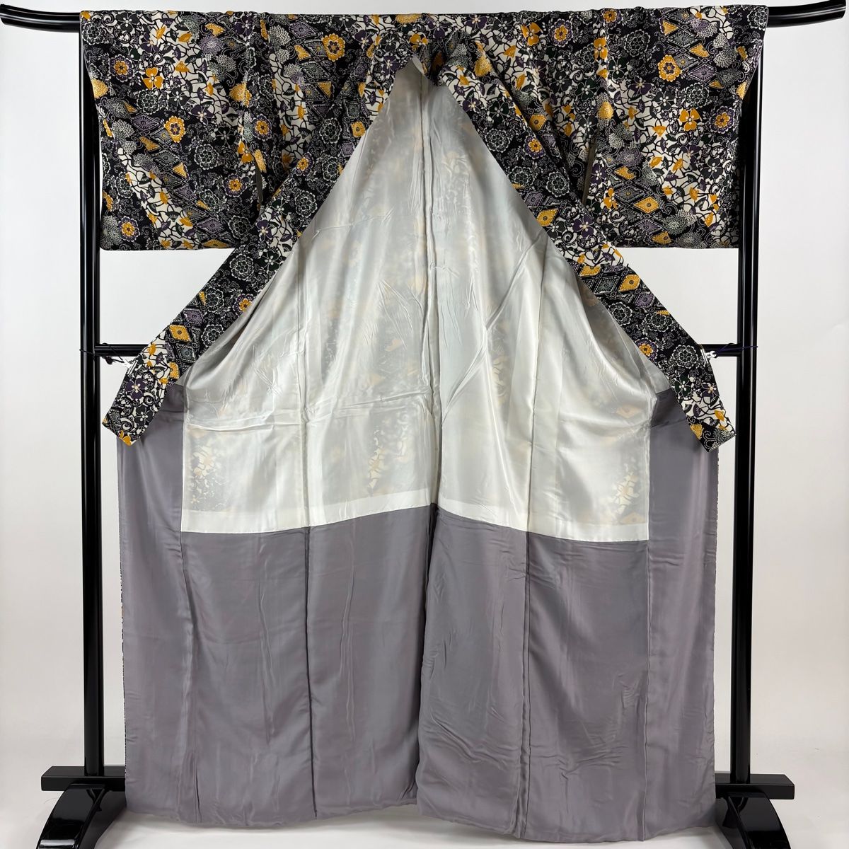 小紋 身丈165.5cm 裄丈68.5cm L 袷 菊 花唐草 濃紫 正絹 秀品