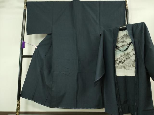 平和屋着物 上 男性 紬 アンサンブル 長羽織 色無地 濃い藍墨茶色 ♥ DZAA9205kh5