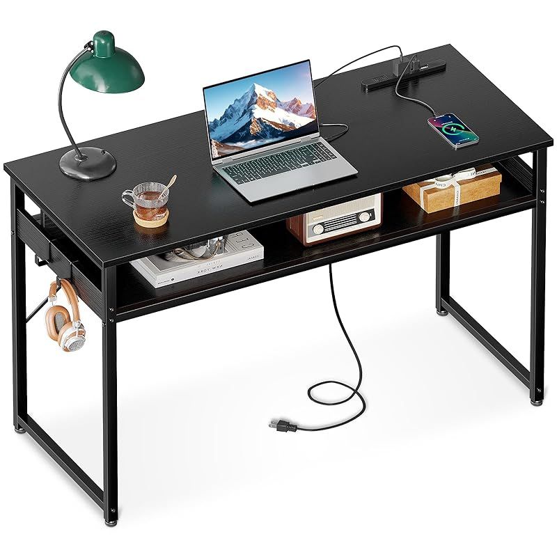 ODK 机 pcデスク パソコンデスク 幅100cm ゲーミングデスク 収納付き コンセント付き 勉強机 computer desk ?子 ワークデスク ??? フック2個付き コンパクト テレワーク用 省スペース 組立簡単 黒い 0