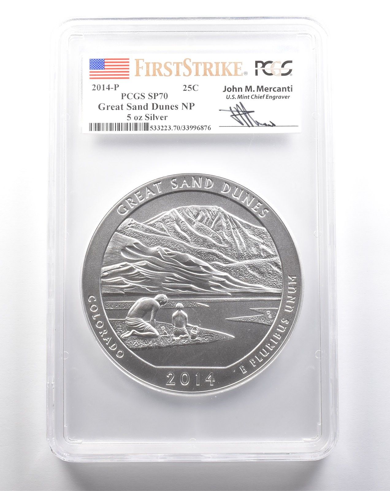 2014-P 5オンス シルバー グレートサンドデューンズ マーカンティ ファーストストライク SP70 PCGS ATB