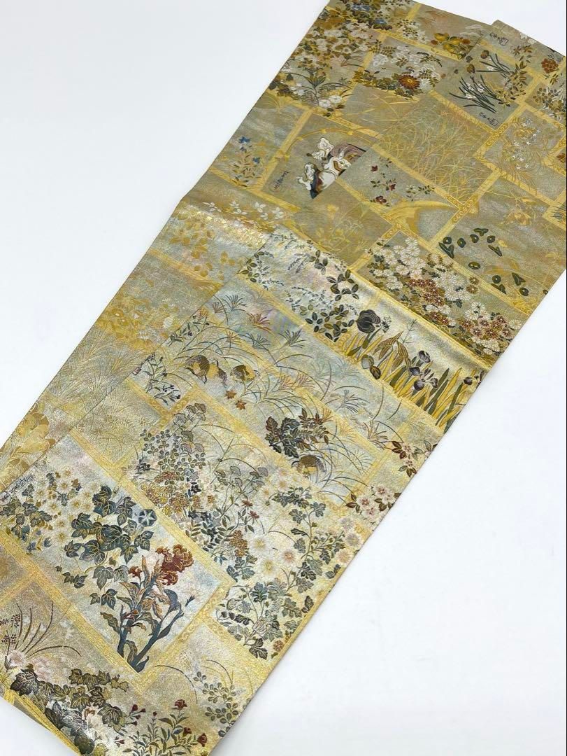 西陣あさぎ 近代花鳥画 琳派大全集 全通全景丸帯 金箔 鶴 鳥 流水 正絹