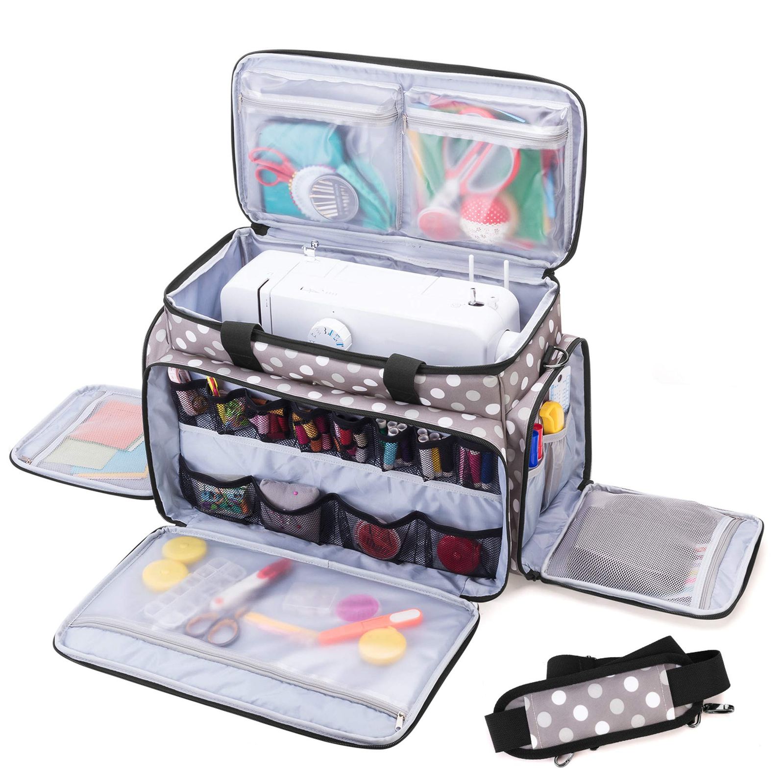 新品 Luxja ミシンケース ハードボード付き 裁縫道具もまとめて収納 クッション性 (グレー ドット)