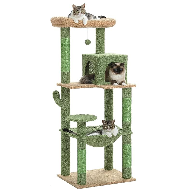 PETEPELA ぺテぺラ キャットタワー スリム コンパクト 大型猫 猫タワー 据え置き置き型 省スペース ハンモック 見晴台 人気 ボンボン 天然麻紐 爪とぎ シンプル 運動不足解消 多頭飼い - グリーン L 高さ143cm 0