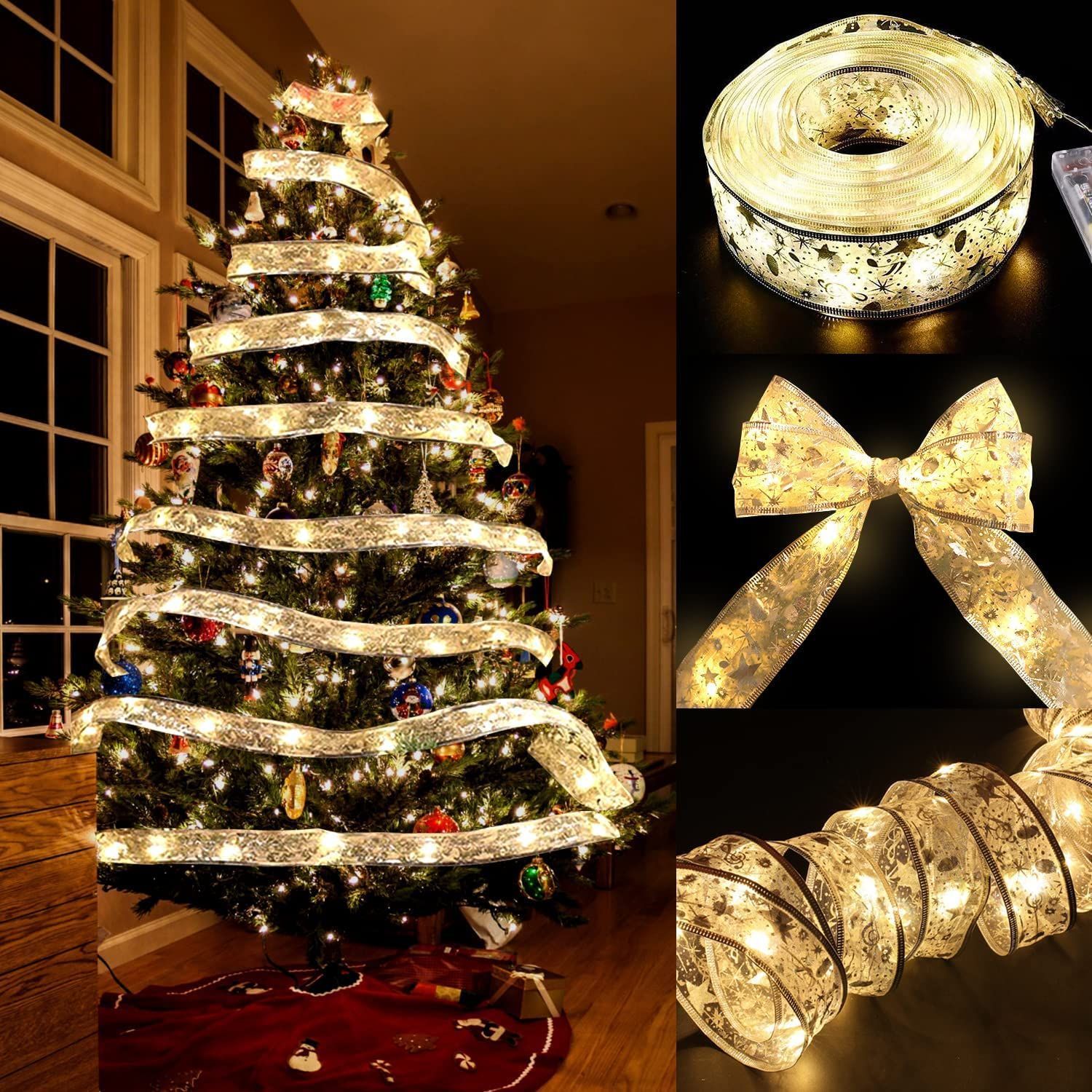 誕生日 新年 結婚式 室内 屋外 防塵 防水 Christmas 装飾 飾り クリスマス クリスマス シルバー クリスマス LEDイルミネーションライト ライト ライト リボン ライト 飾り付け 人気 ツリー - lights fairy tree