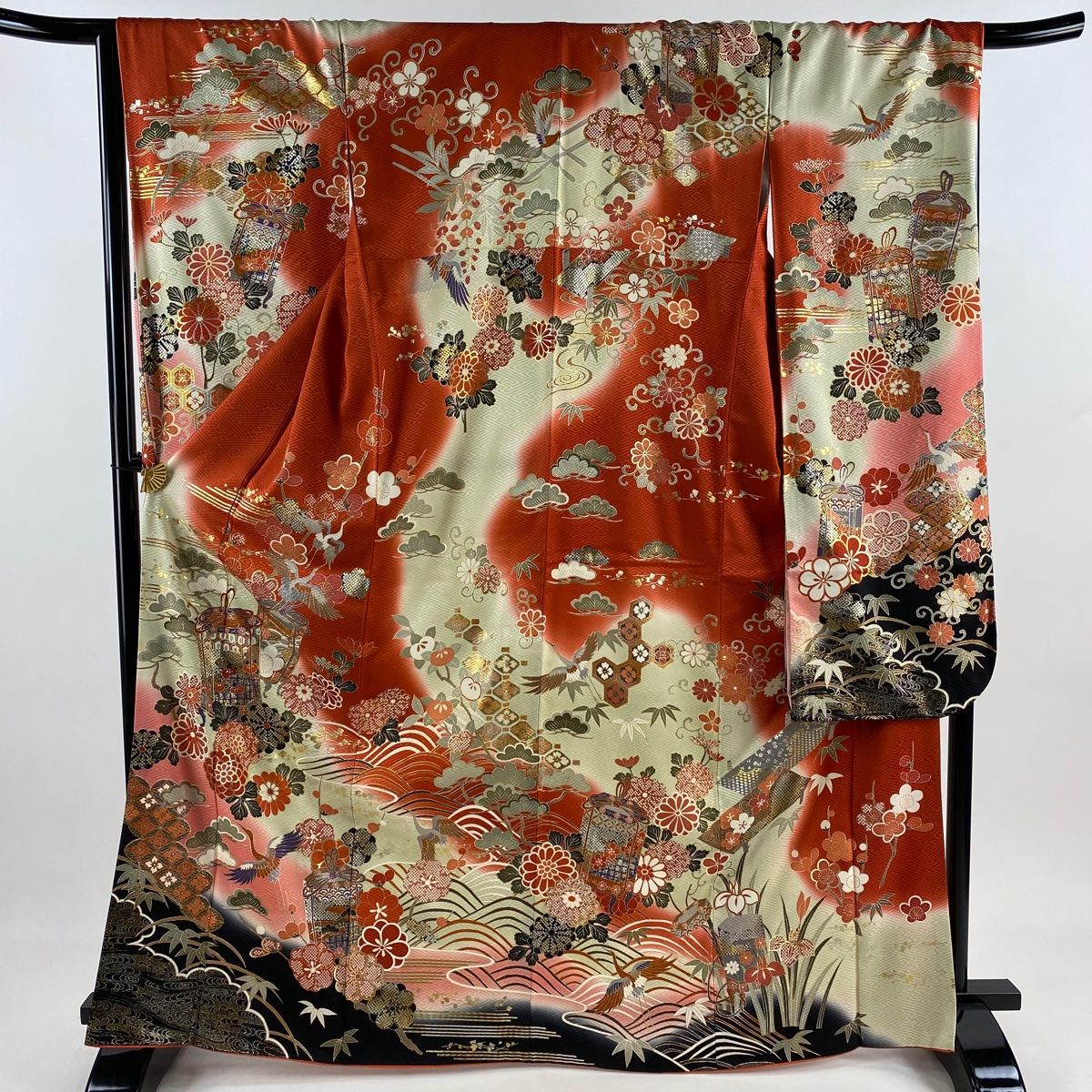 振袖 身丈167cm 裄丈67cm M 袷 貝桶 花鳥 金糸 金銀彩 朱色 正絹 秀品