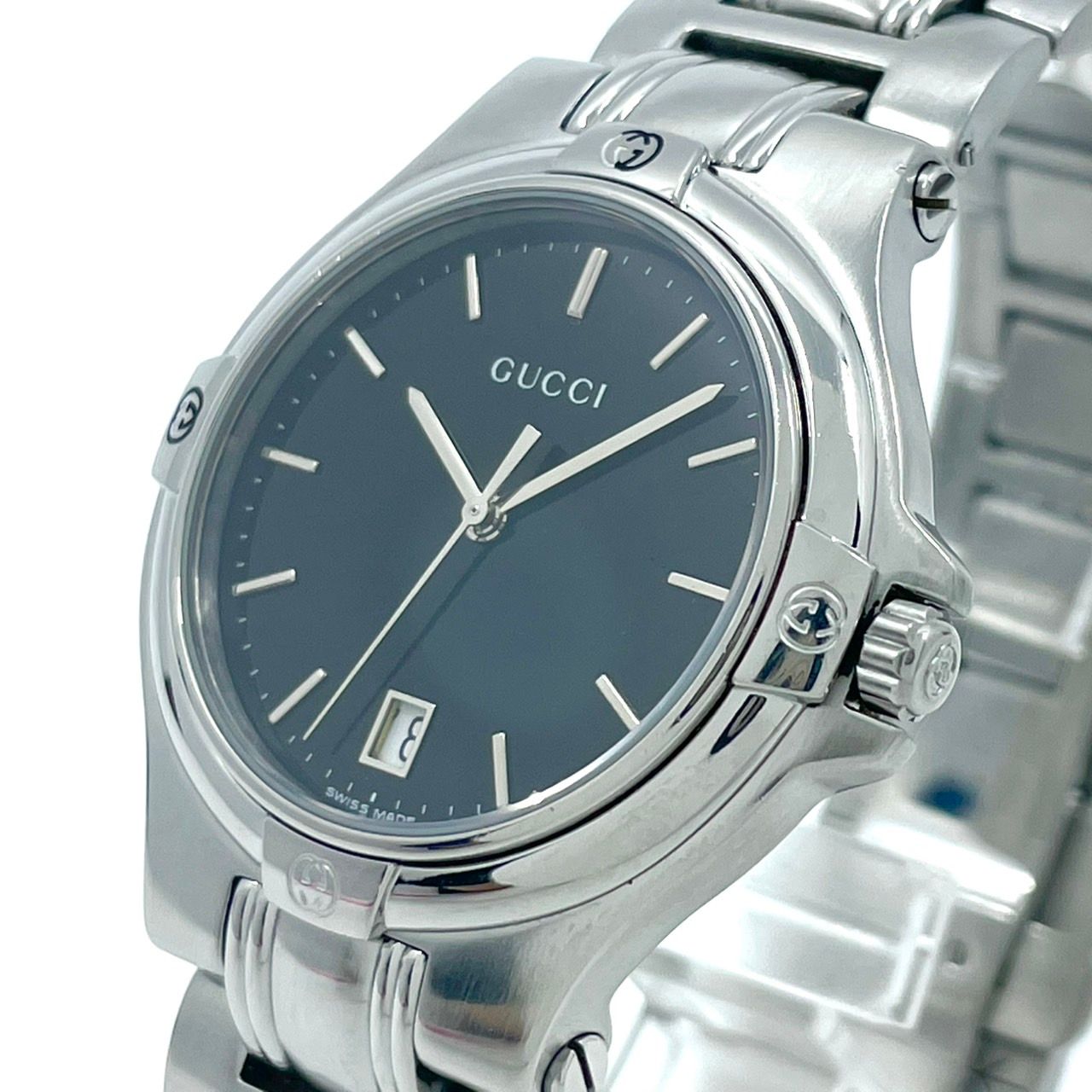 |電池交換済|稼働品 GUCCI グッチ 9040M メンズ 腕時計 シルバー ブラック文字盤 デイト表示 ラウンド Gロゴベゼル クオーツ アナログ スイス製 エレガント クラシック ビジネス ドレスウォッチ クリーニング済 G6 ヴィンテージ