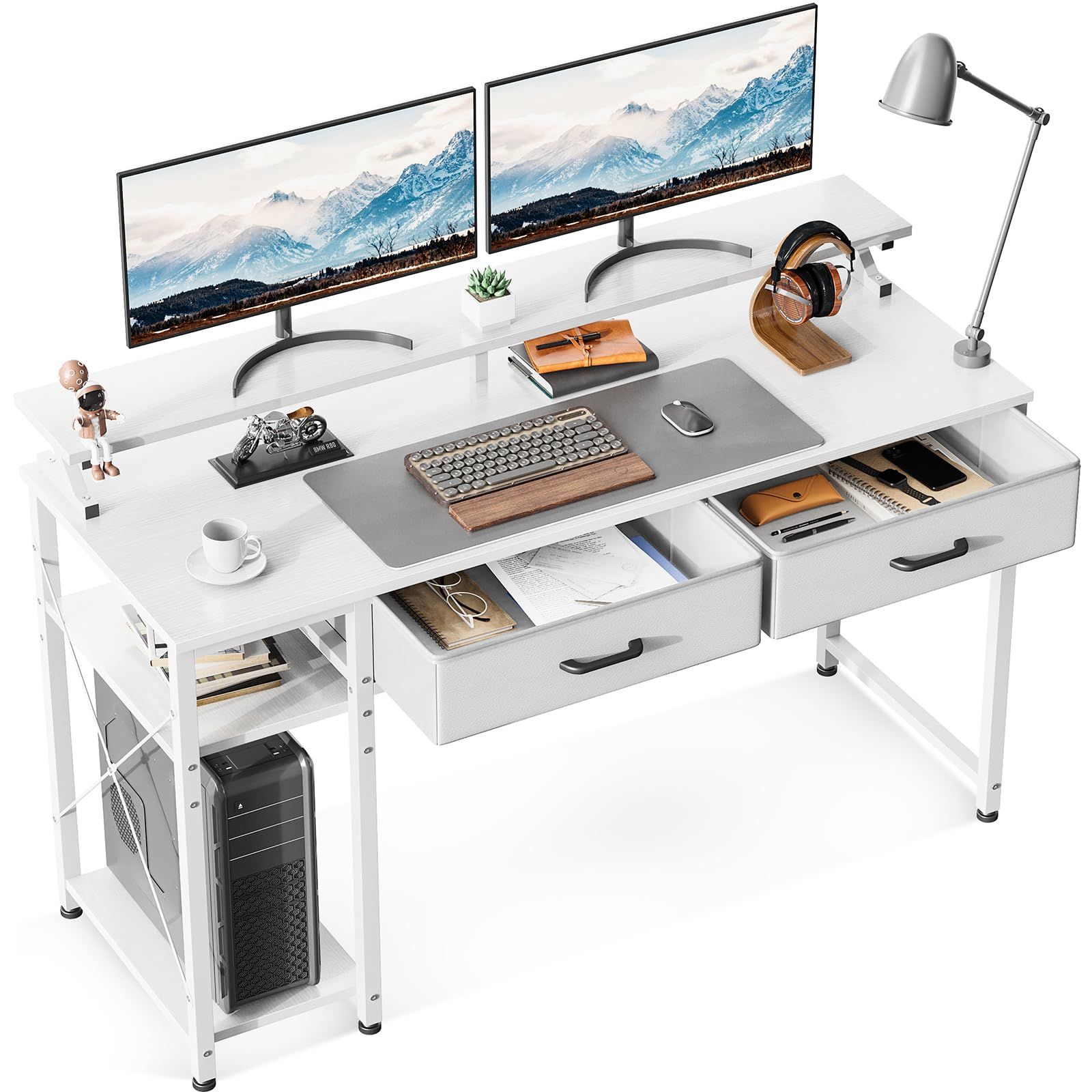 ワークデスク モニター台付き オフィスデスク pcデスク おしゃれ 机 省スペース パソコンデスク 幅120cm 一人暮らし 引き出し2杯付き 在宅勤務 ラック付きデスク 左右入れ替え対応 ゲーミングデスク ホワイト ODK