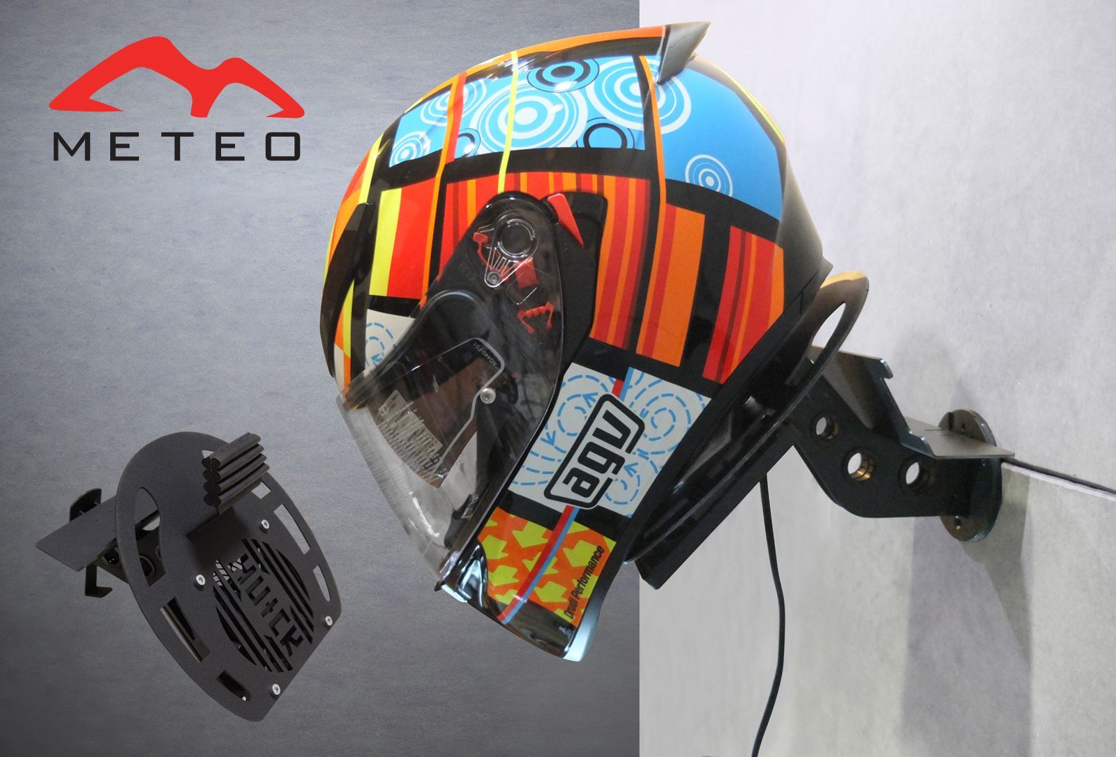METEO メテオ HUCKシリーズ 鉄製ヘルメットハンガー スピードコントローラ機能ファン付き 原木製の卓上式付