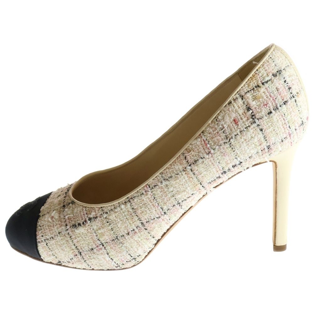 CHANEL シャネル ココマーク ステッチ ファンシーツイード 切り替え ヒール パンプス シューズ ホワイト|ブラック レディース G33734