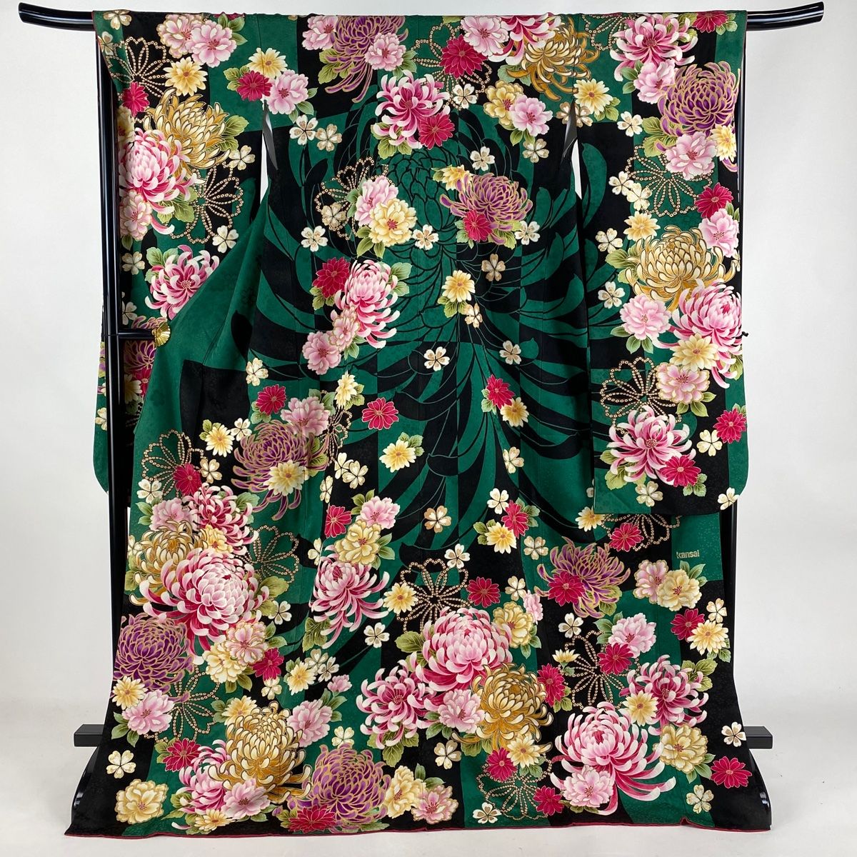 振袖 身丈174cm 裄丈67.5cm L 袷 山本寛斎 落款 菊 桜 刺繍 金糸 緑 正絹 秀品