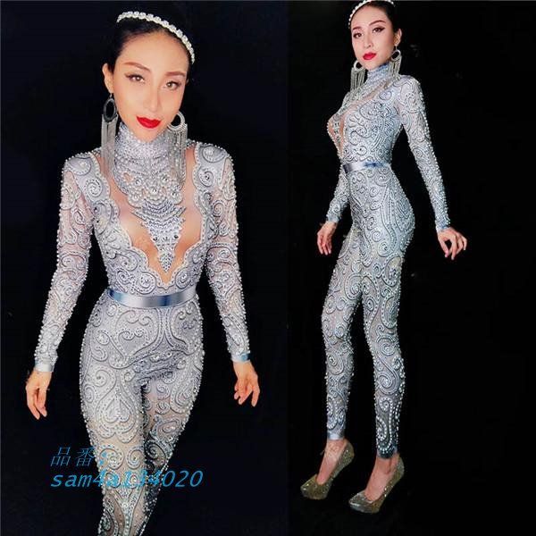 エキゾチックダンスウェア レオタード クリスタル ラインストーン 女性用 スパンデックス ナイトクラブジャンプスーツ 長袖 am4a134020