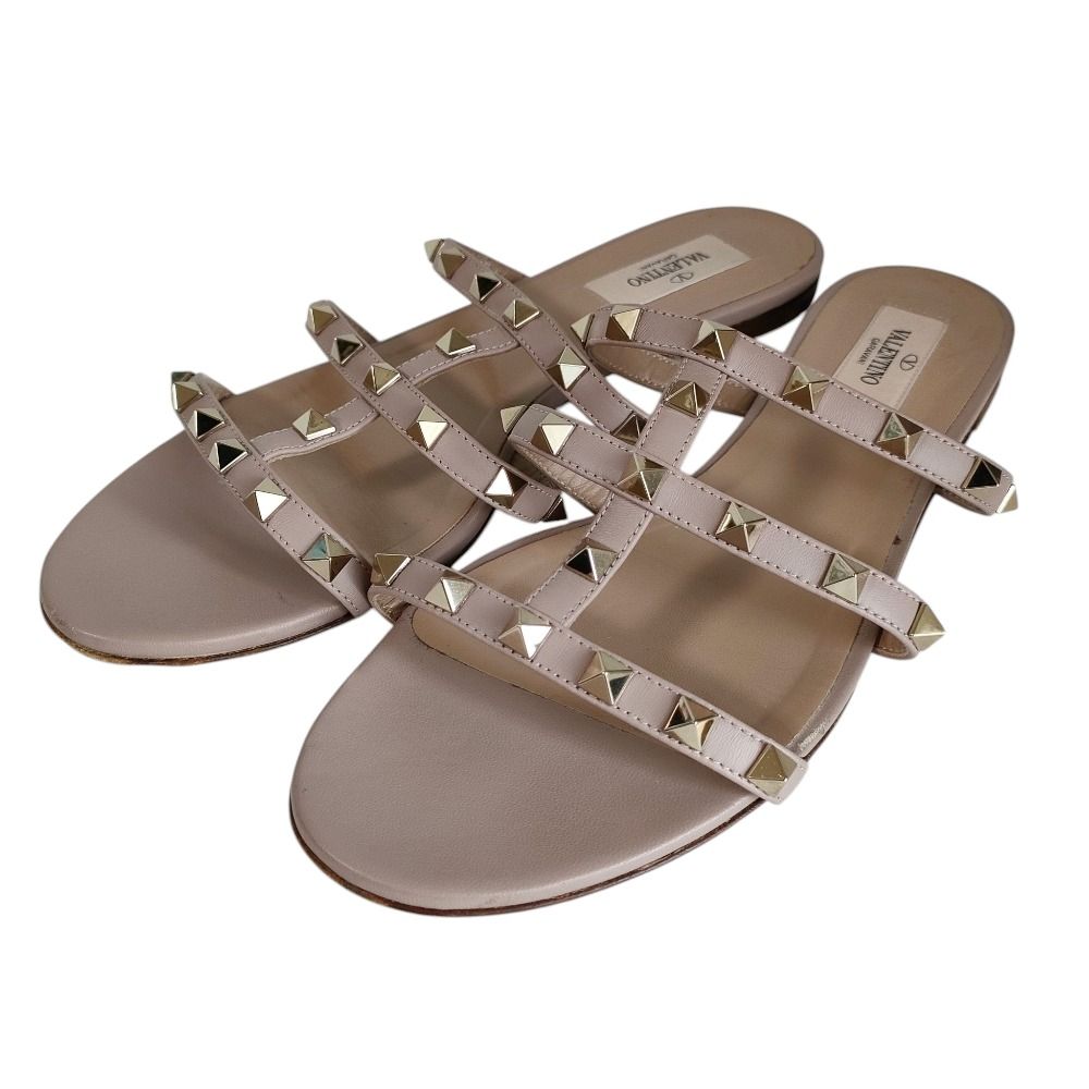良品 Valentino Garavani ヴァレンティノガラヴァーニ レザー ロックスタッズ ポインテッドトゥ パンプス サイズ36 23cm相当 ベージュ レディース 古着 中古 USED