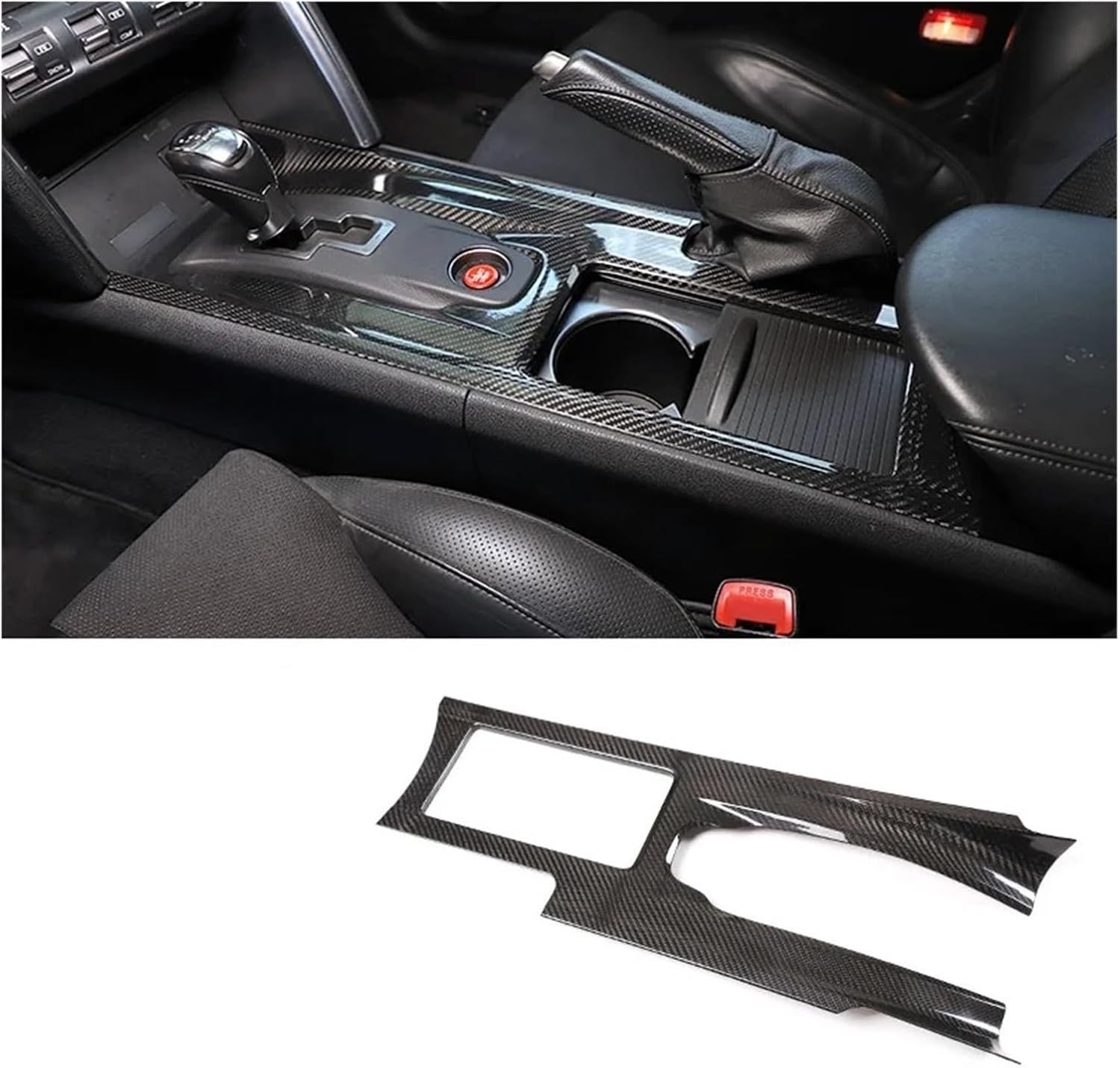 リアルカーボンファイバーグロスブラックトリム 自動センターコンソールギアパネルフレーム 車内 日産 GTR R35 2008-2016