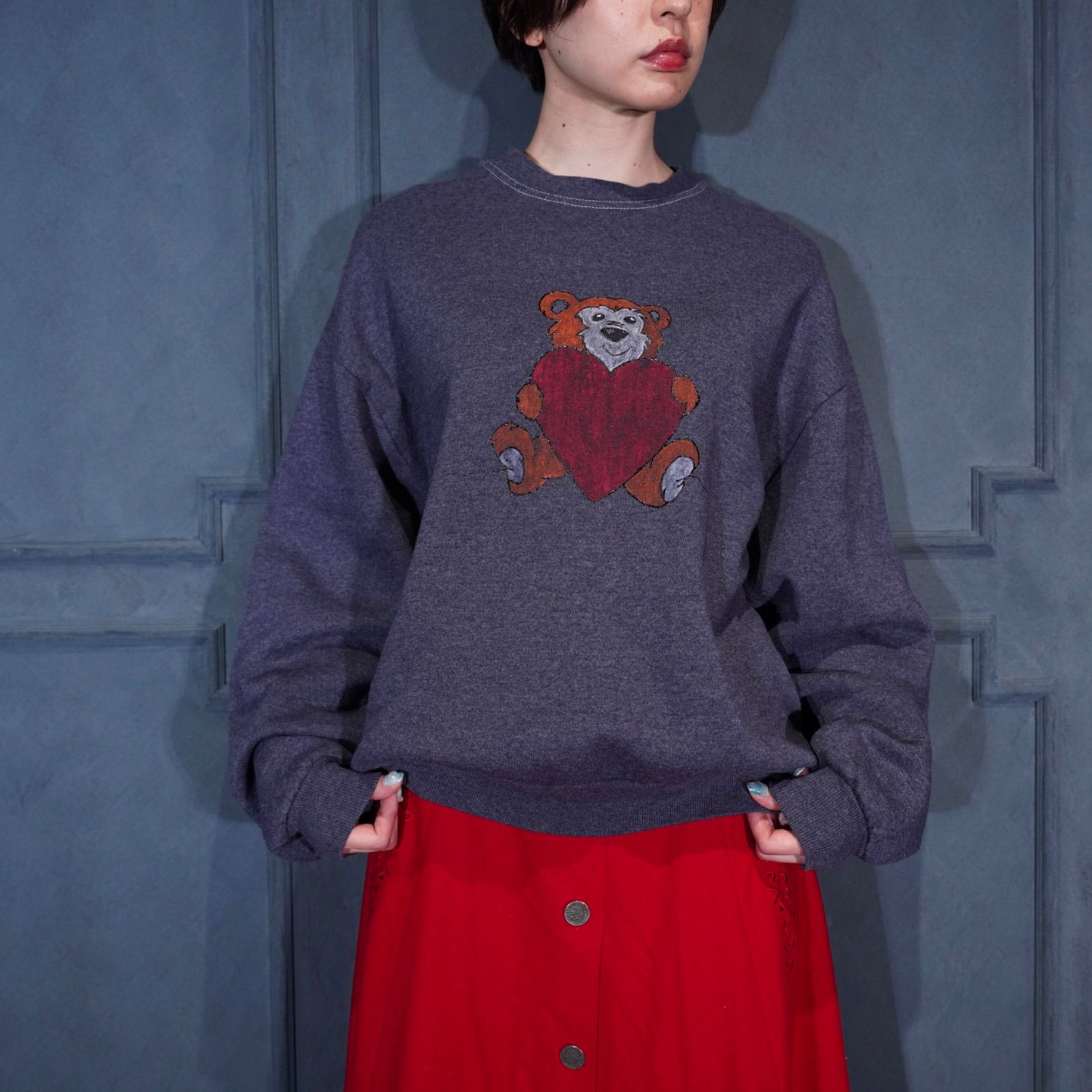 80 s USA VINTAGE JERZEES HEART BEAR PRINT OVER DYE DESIGN SWEAT SHIRT|80年代アメリカ古着ハートくまプリント後染めデザインスウェット