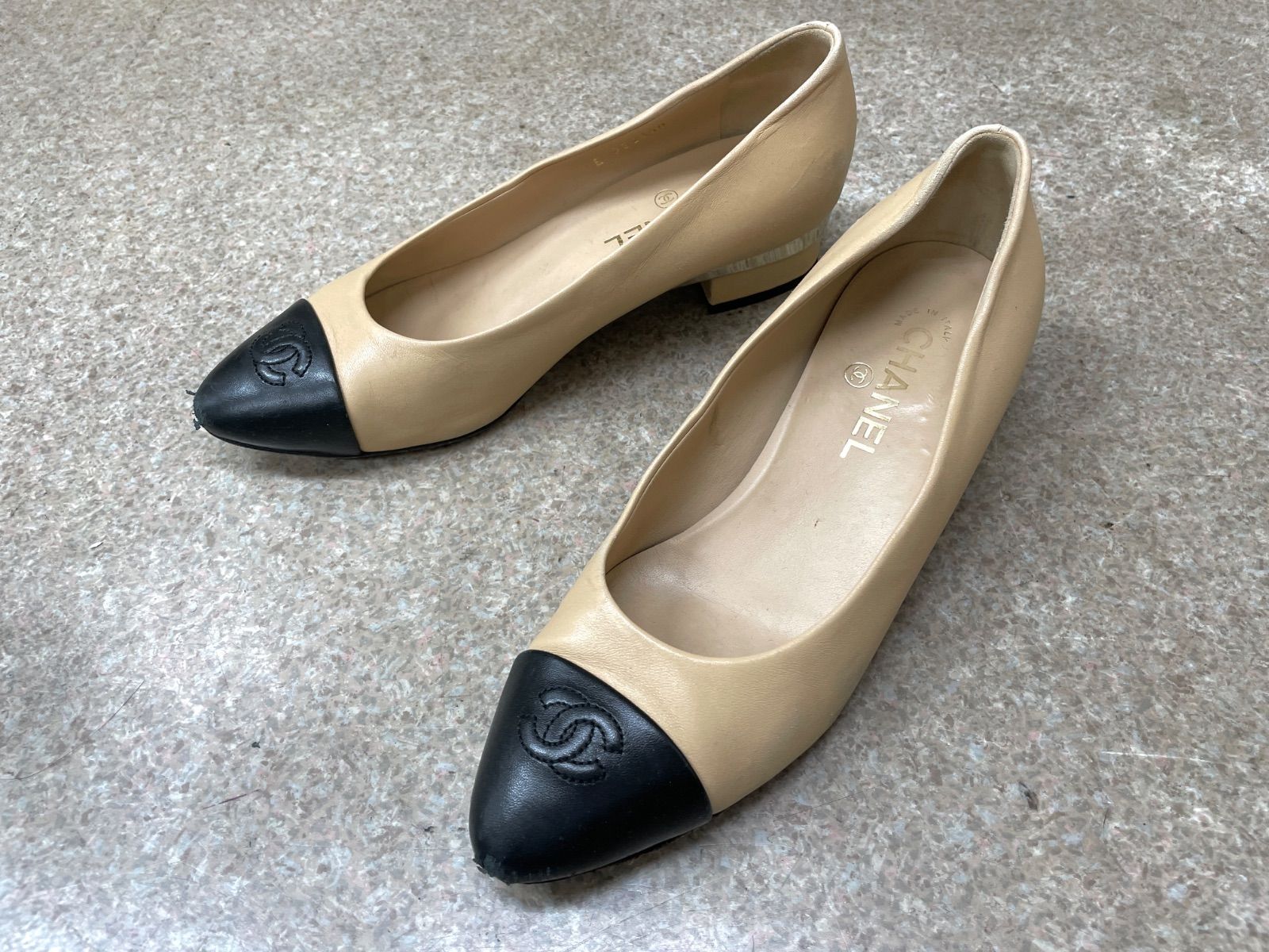 CHANEL シャネル パンプス ラムスキン 38 1|2 C バイカラー ブラック ベージュ レディース