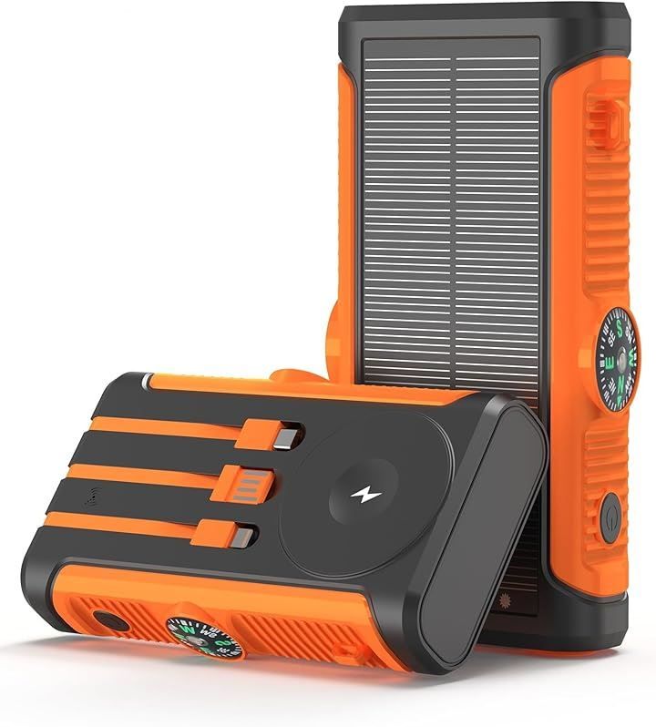 AHEHO ソーラーモバイルバッテリー 60000mAh大容量・22.5W/222Wh・6台同時充電 5way蓄電 手回し充電 ソーラーチャージャー ソーラー充電器 4ポート搭載 3本ケーブル内蔵 LEDライト付き SOSモード(オレ