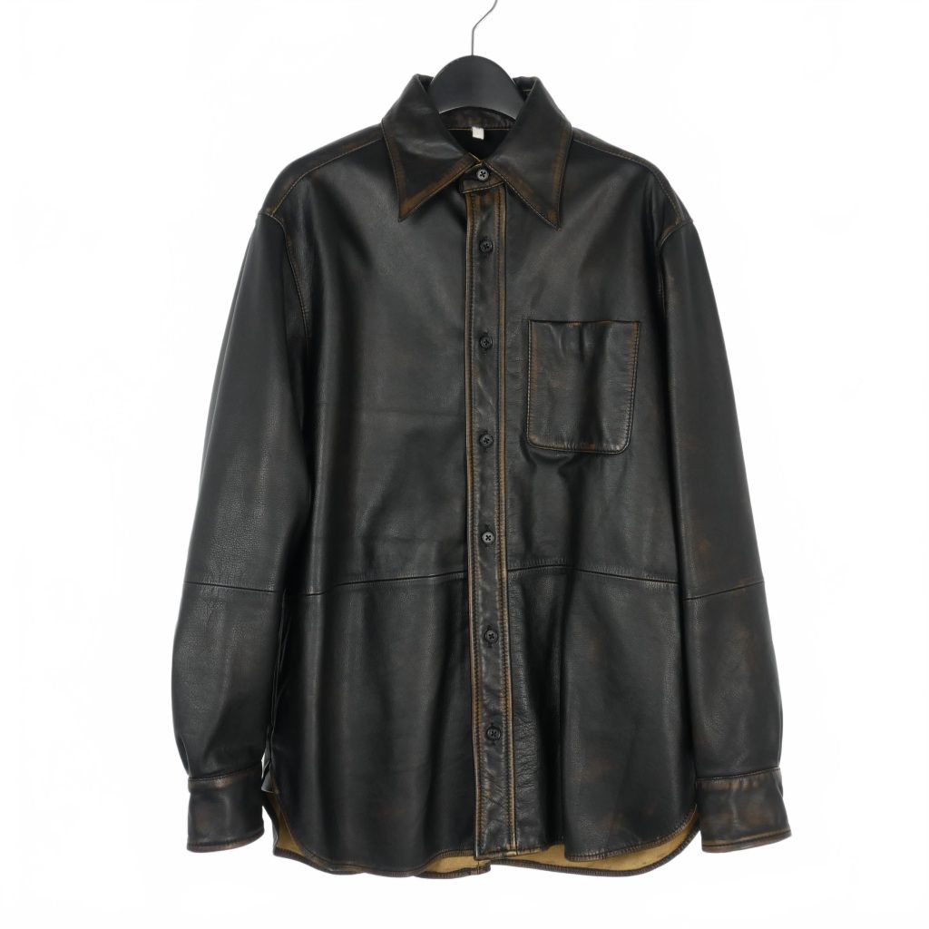 シーシーユー CCU NEAT REGULAR COLLAR SHIRT ヴィンテージ加工 レザージャケット シャツ 1 黒 ブラック SH-01-COW-US