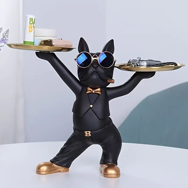 小物トレイ ダブル おもしろ 犬 モチーフ ウェイター風 ブルドッグ 小型 オブジェ 卓上 小物 鍵 アクセサリー ジュエリー お菓子 収納 スタイリッシュ おしゃれ ユニーク かわいい 置物 モダ