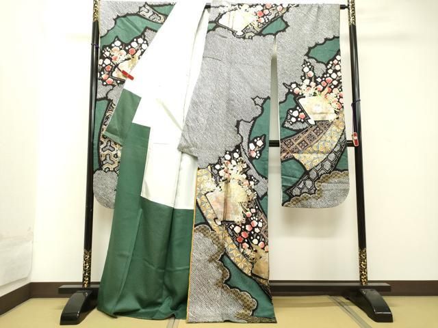 平和屋着物○豪華振袖・長襦袢セット（無双仕立て） 絞り 鳳凰扇面草花