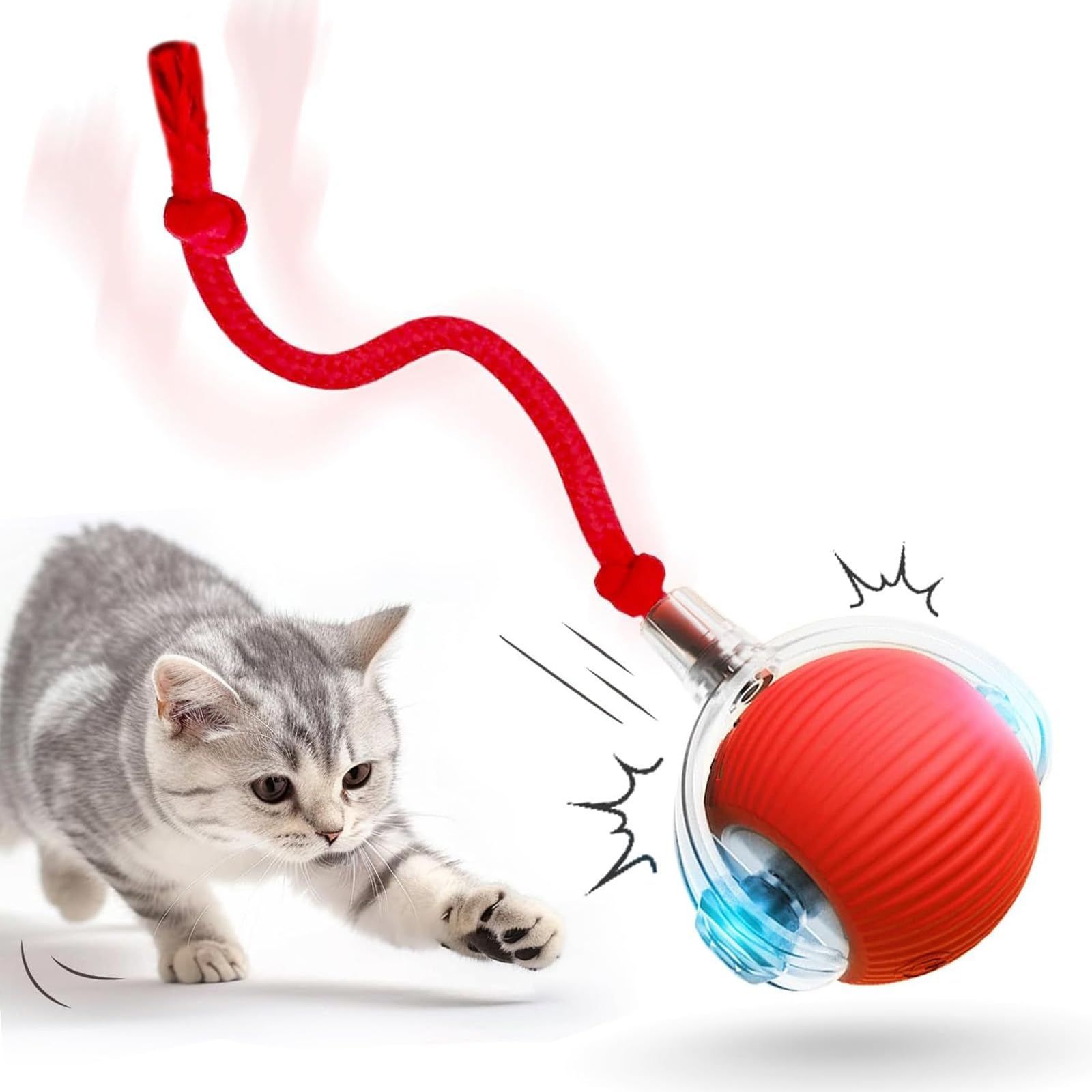度回転ローリング ボール USB 360 充電付き 自動 Type C充電コネクタ 動く猫ボールおもちゃ 猫用長い尾付き電動自動おもちゃ 自動猫ボールおもちゃ 猫の運動不足解消 おもちゃ 本能を刺激します 猫 赤