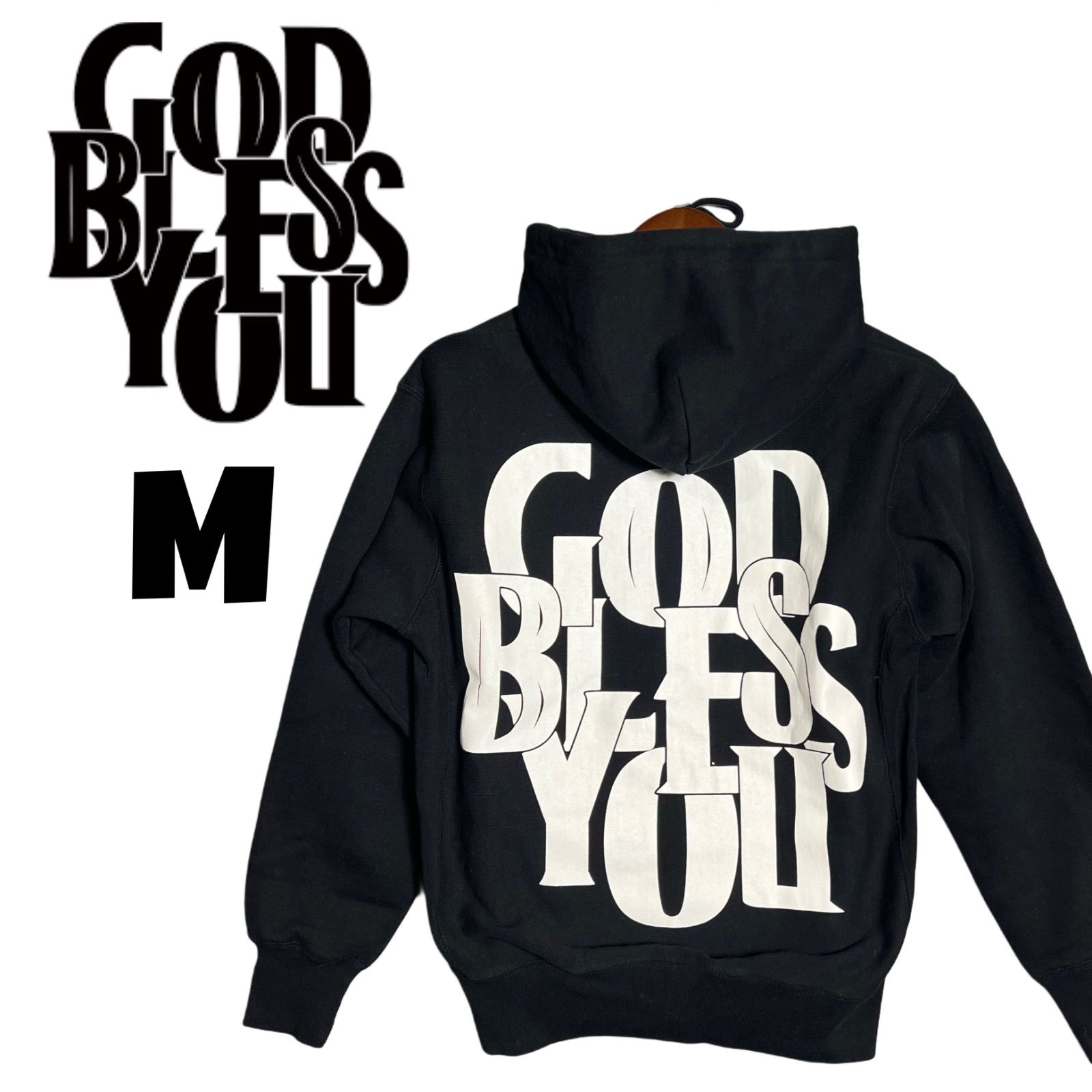 人気ブランド【EXAMPLE】の「GOD BLESS YOU」裏起毛ロゴ フーディー 