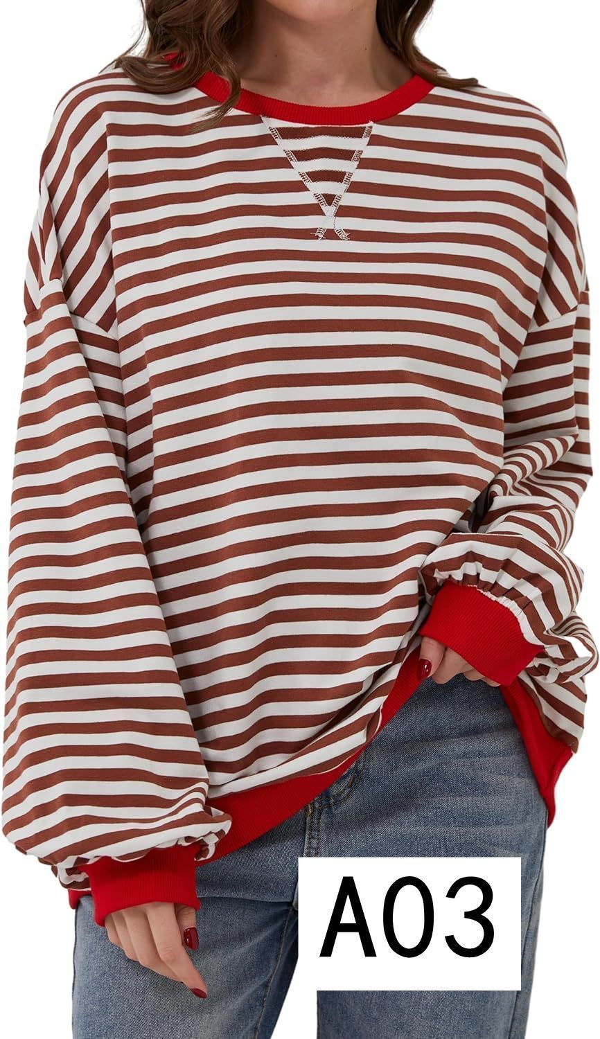  トレーナー スウェット トップス レディース 秋 ぽわん袖 大きめ ゆったり ボーダー柄 シンプル 着 せ 体型カバー カジュアル 大きいサイズ ビッグシルエット 韓国ファッションcaixi 15 トレーナー スウェット トップス