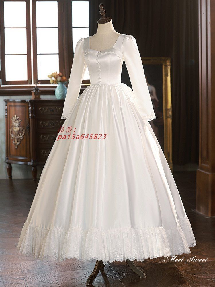 ウェディングドレス ロングドレス プリンセスドレス レトロ Aラインドレス 長袖 二次会 花嫁 サテン 結婚式 ブライダル ウエディングドレス 前撮り pai 5 a 645823 レース使い その他 
