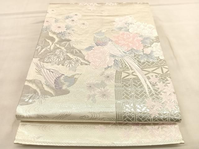 平和屋着物◎六通柄袋帯 唐織 尾長鳥花文 プラチナ箔二重織 正絹