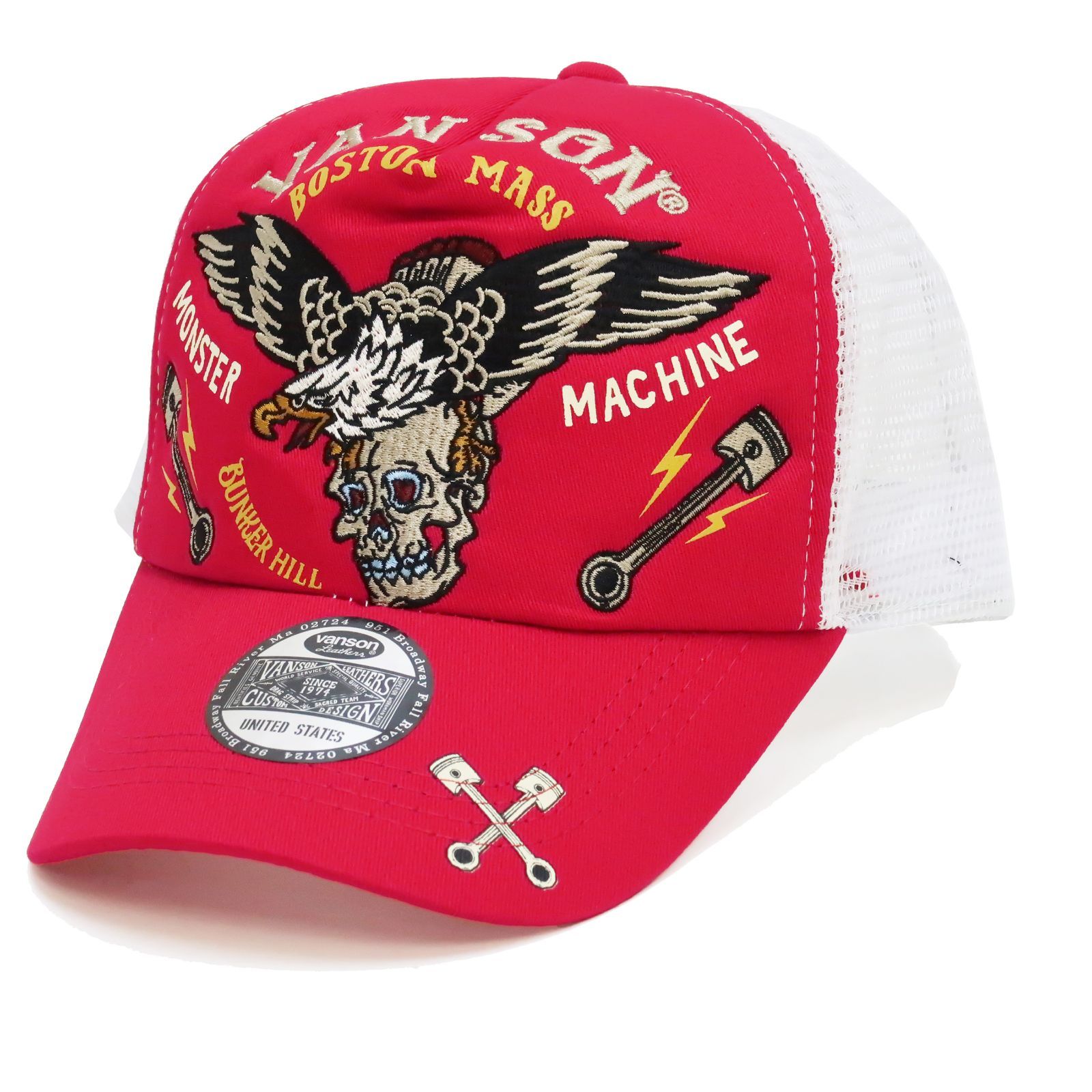 バンソン VANSON メッシュキャップ 帽子 刺繍＆ステッカー スカル イーグル NVCP-2205 VANSON MESH CAP アメカジ バイカー ヘッドギア  新品 レッド 