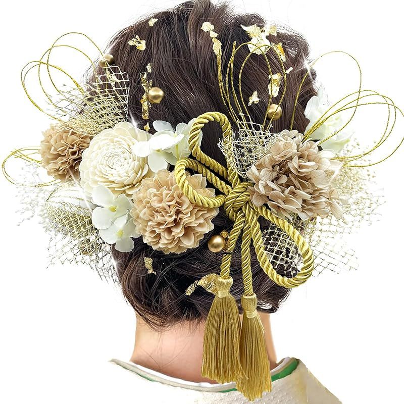 [JZOON] 髪飾り 成人式 髪飾り 9色 ドライフラワー 造花飾り 水引 紐 ヘアーアクセサリー 和玉 かすみ草 金箔 人気 和服 着物 振袖 袴 花 浴衣 成人式 七五三 結納 卒業式 入学式 結婚式 発表会 