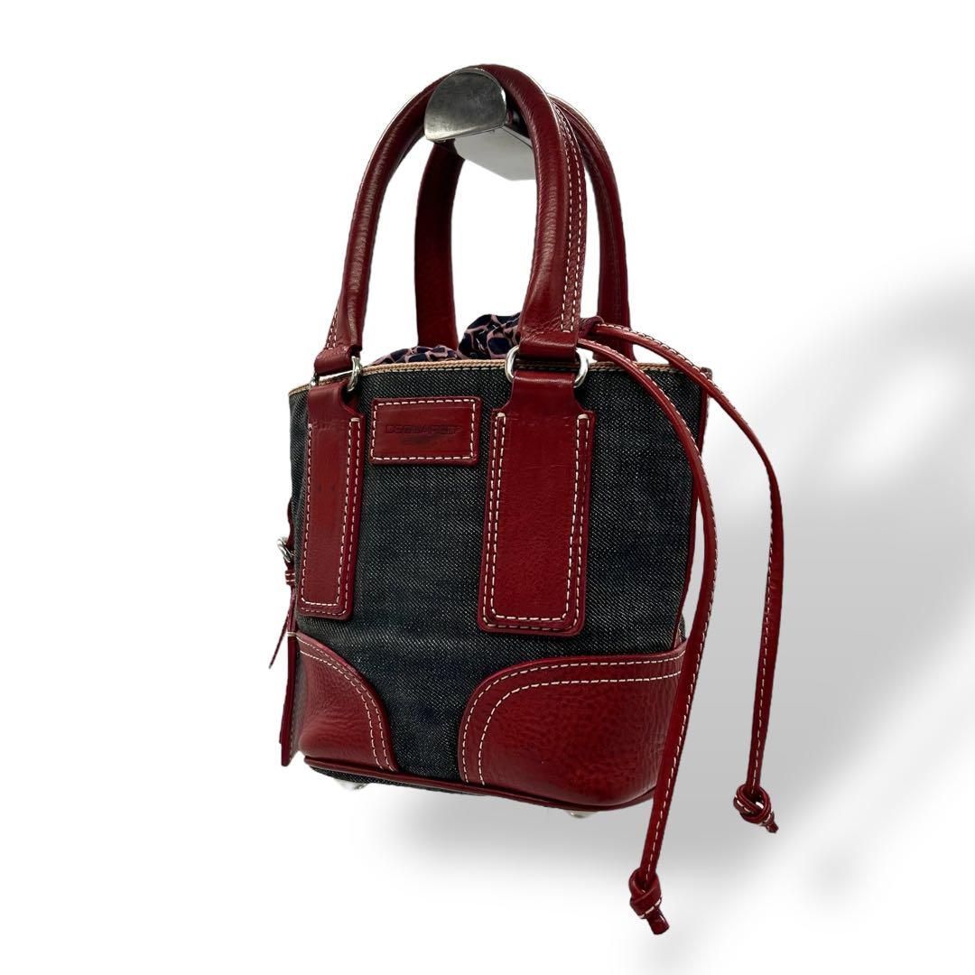 希少 2189 DSQUARED2 ハンドバッグ 巾着 デニム レザー レッド 希少 2189 DSQUARED2 ハンドバッグ 巾着 デニム レザー レッド