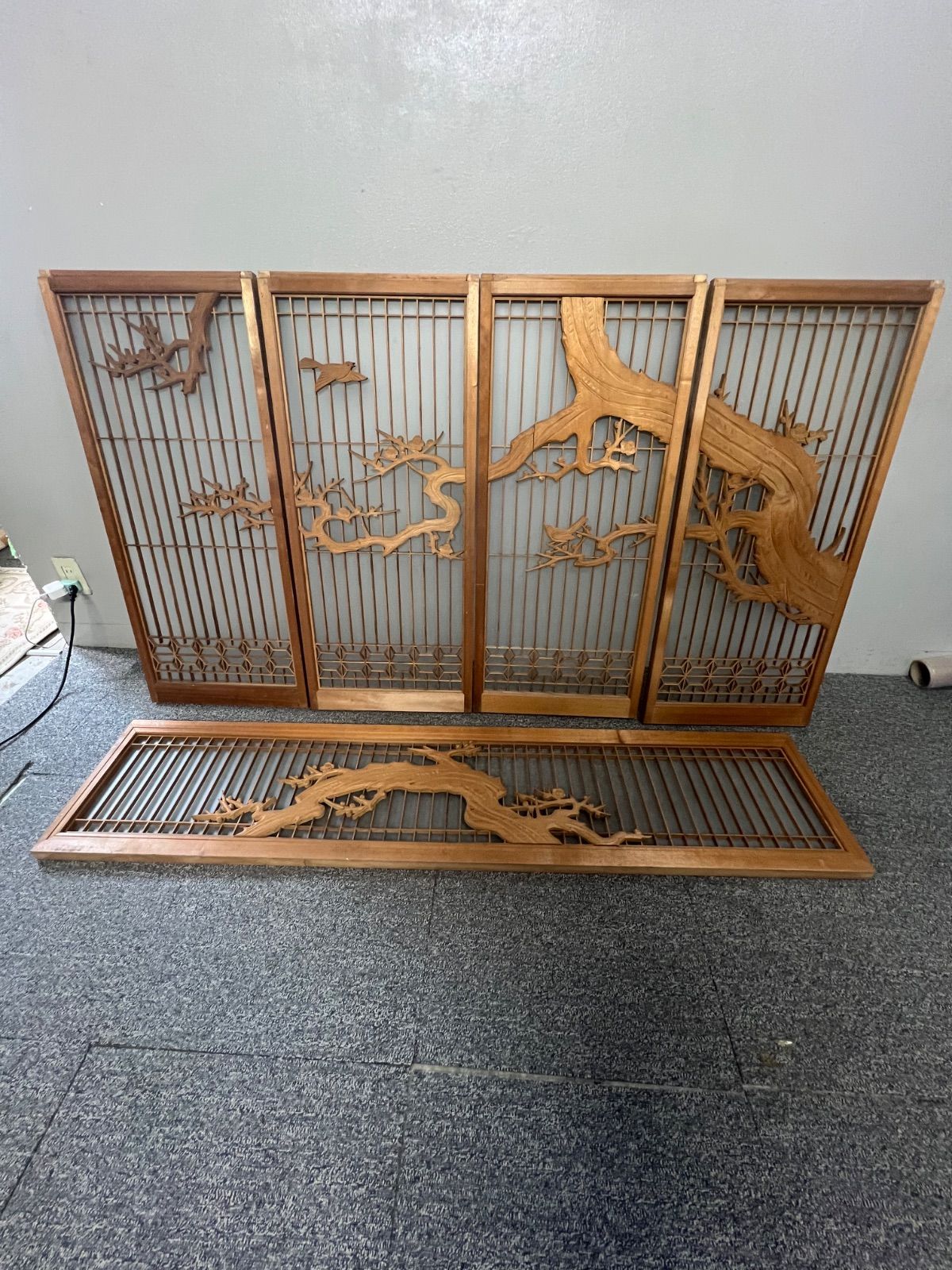 ⭐︎ 昭和 レトロ 木製 建具 曇りガラス 木彫り 5枚セット ⭐︎ 昭和 レトロ 木製 建具 曇りガラス 木彫り 5枚セット