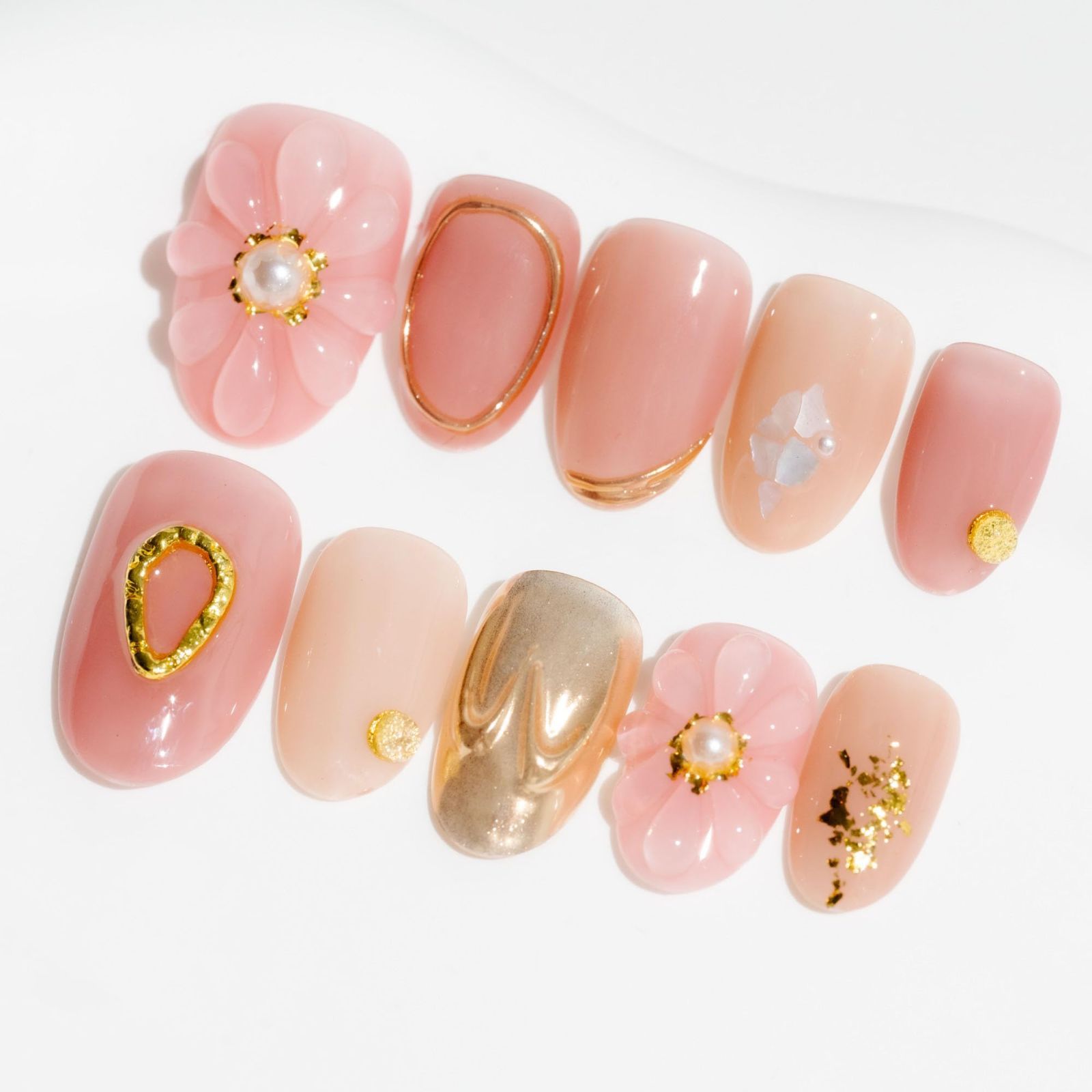 【人気】Sunu0026Beam Nails 手作り ネイルチップ ミディアム ロング オーバル ラウンド 短め ピンク 金 グリッター 人気 3D おしゃれ 可愛い ハート デザイン つけ爪 付け爪 10枚入 (#77 XS)