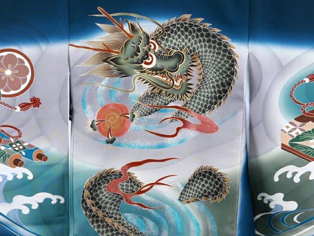 お宮参り 着物 金加工 ラメ入り 長襦袢 セット 男児 男の子 子供 産着 祝着 紺地 龍 鼓 波 ud-247