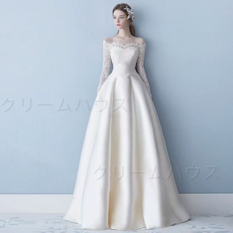 ?♥ ウエディングドレス 長袖 ワンショルダー 秋冬 結婚式 二次会 プリンセス エンパイア 花嫁 ドレス 披露宴 ロングドレ