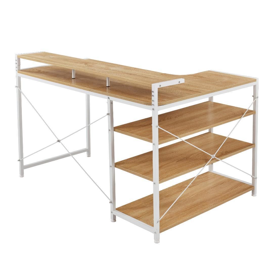 ナチュラル】パソコンデスク L字 120cm 3段ラック付 ハイデスク付き