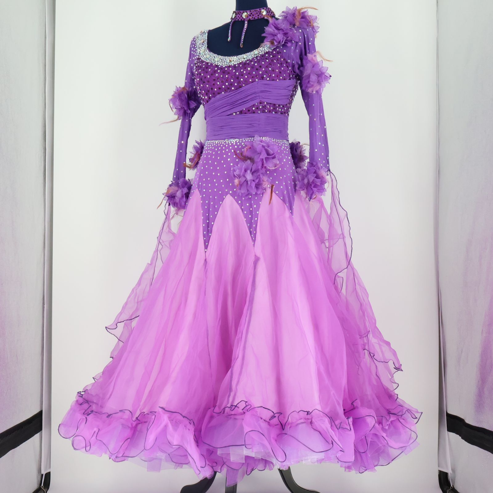 社交ダンス衣装】パープル ワンピース ドレス 紫 フロート 花 フリル