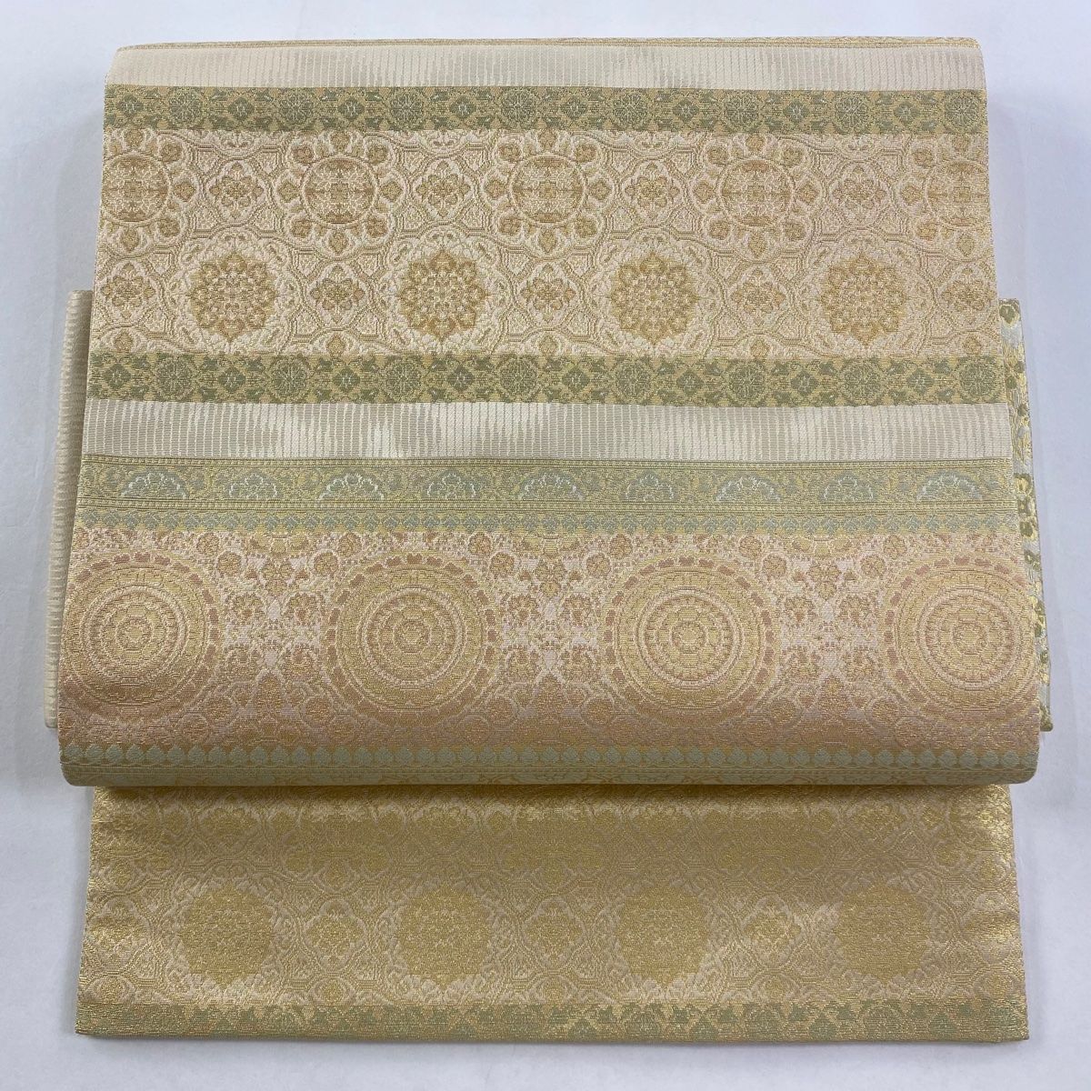 付け帯 秀品 作り帯 華文 縞模様 箔 ベージュ 正絹