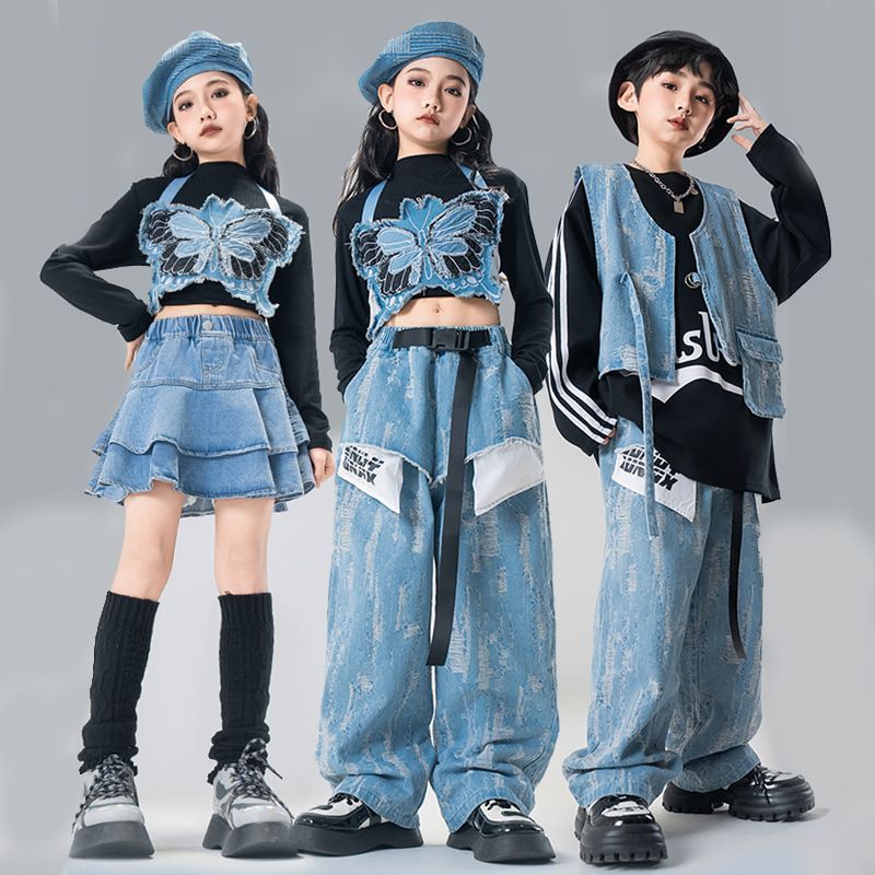 キッズダンス衣装 韓国 デニム トップス パンツ セットアップ 練習着 ガールズ HIPHOP おしゃれ 発表会 チアダンス衣装 かっこいい ヒップホップ 男の子