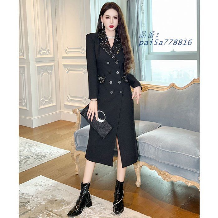 大きめビジュー付き襟 トレンチコート風長袖ミモレ丈ワンピース 黒 カジュアル おしゃれ エレ服装 韓国 レディース pai5a778816