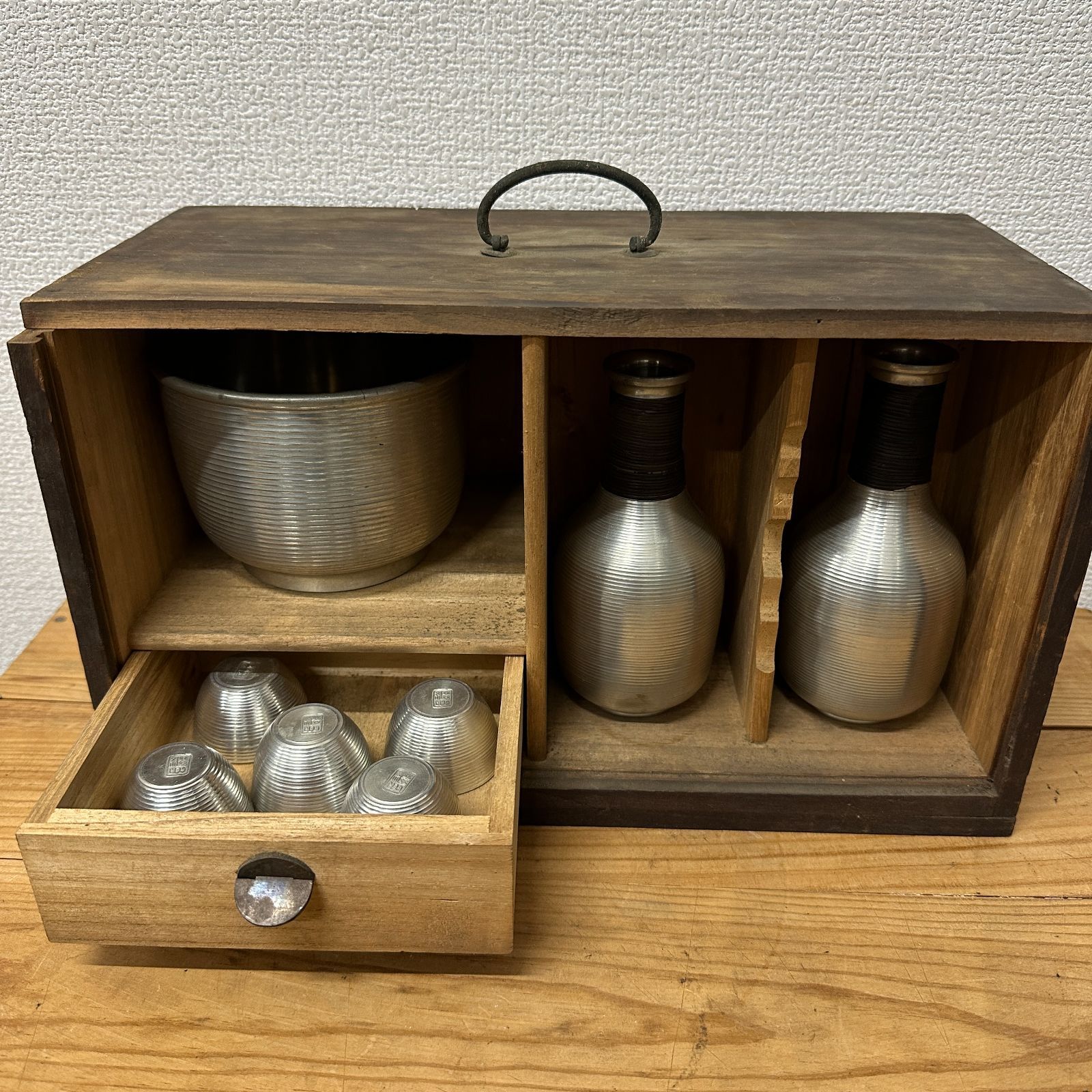 錫製酒器 昭和レトロ 木箱入り 徳利 お猪口 洗杯セット