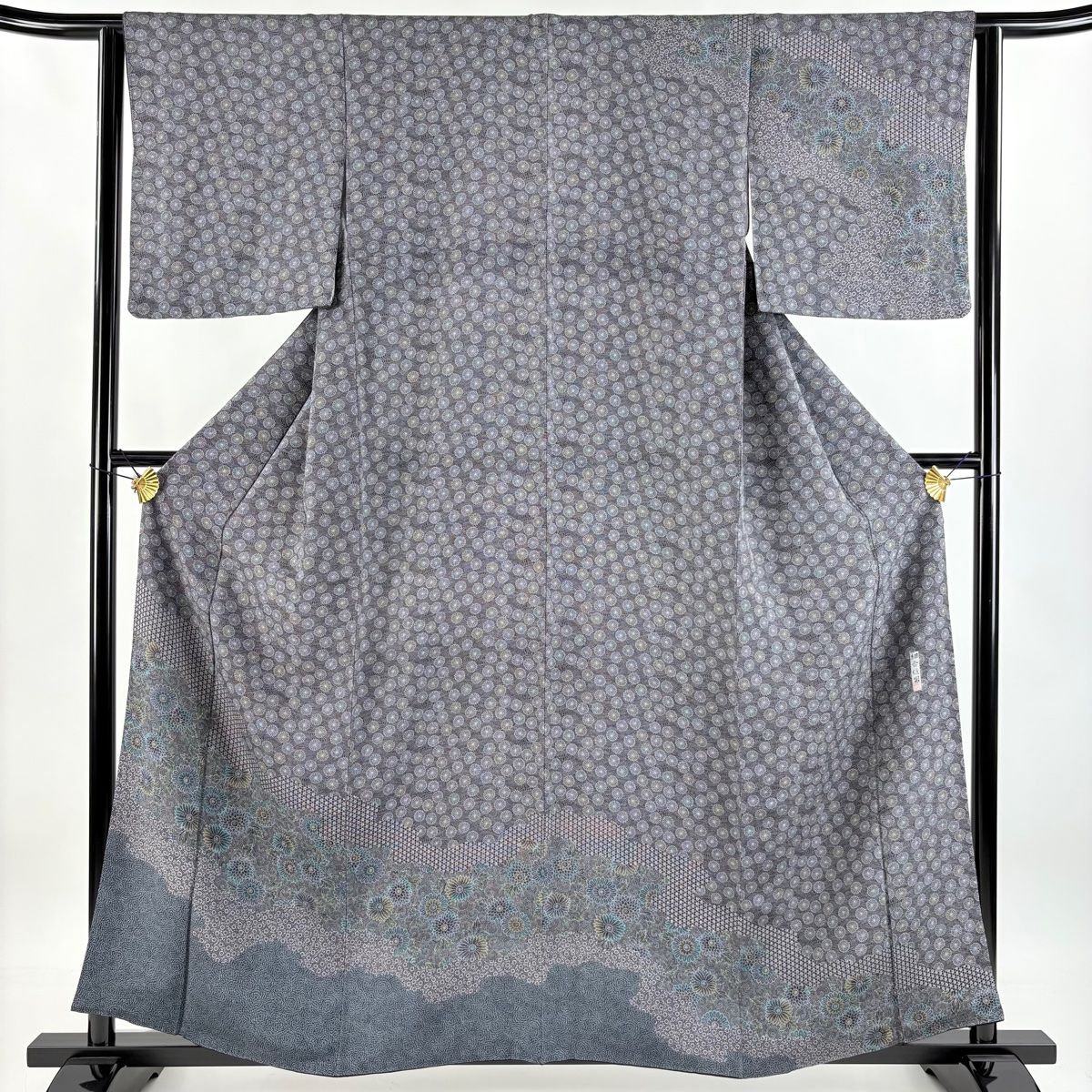 訪問着 身丈160cm 裄丈63cm S 袷 細合俊男 落款 菊唐草 江戸小紋柄 墨色 正絹 秀品