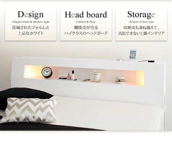 モダンライト・コンセント収納付きベッド プレミアムボンネルコイルマットレス付き ダブル モダンライト・コンセント収納付きベッド プレミアムボンネルコイル