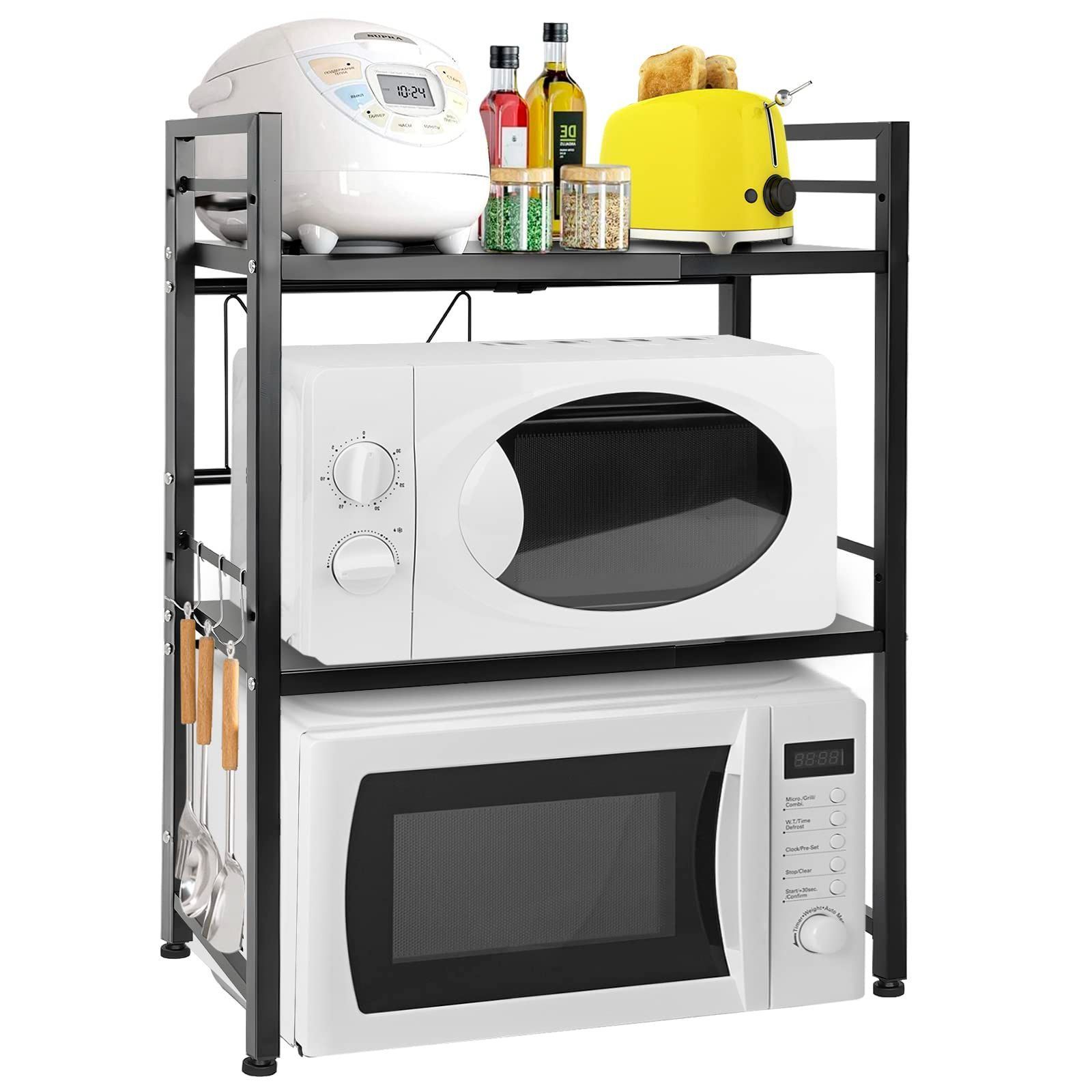 【人気商品】ブラック 省スペース 組立式 スチール製 耐荷重50kg 棚板高さ調節可 幅40~60cm 棚2段 レンジ台 収納 キッチン レンジラック 伸縮レンジ上ラック BQKOZFIN