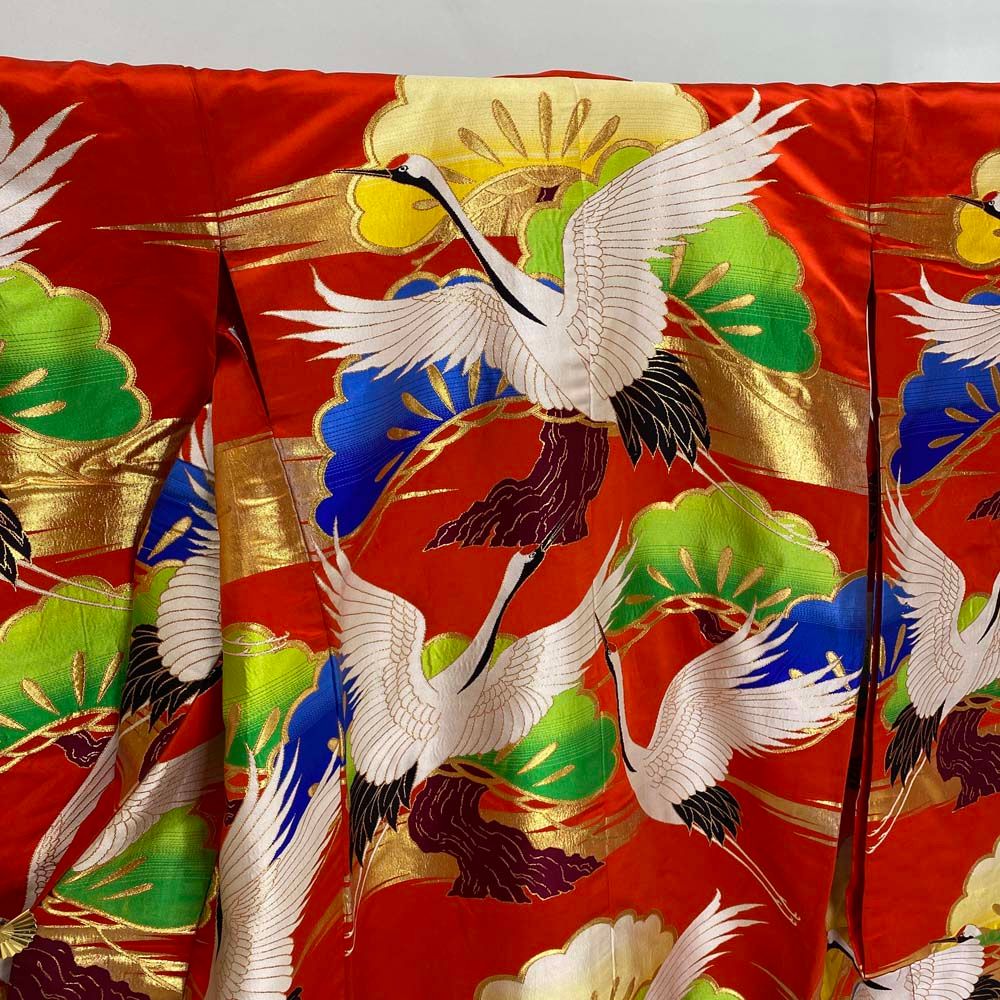 色打掛 正絹 鶴 刺繍 赤 打掛 Mサイズ 裄66.5 花嫁衣裳 婚礼  